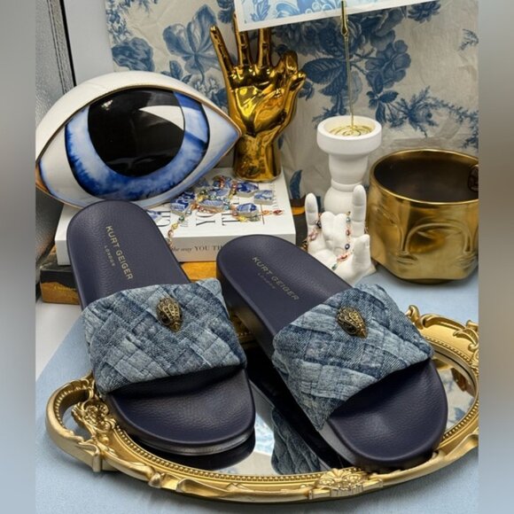 🆕 KURT GEIGER LONDON 🧿 NWOB Blue Denim Meena Eagle Slides, Sz EU 40 US 9 - Picture 3 of 10